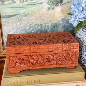 Vintage Hand Carved Wood Jewelry Box Floral Ornate Red Velvet India Keepsake